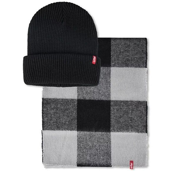 LEVI'S Mens Beanie Hat Plaid Scarf Set Black Gray Gift Set - Picture 1 of 6